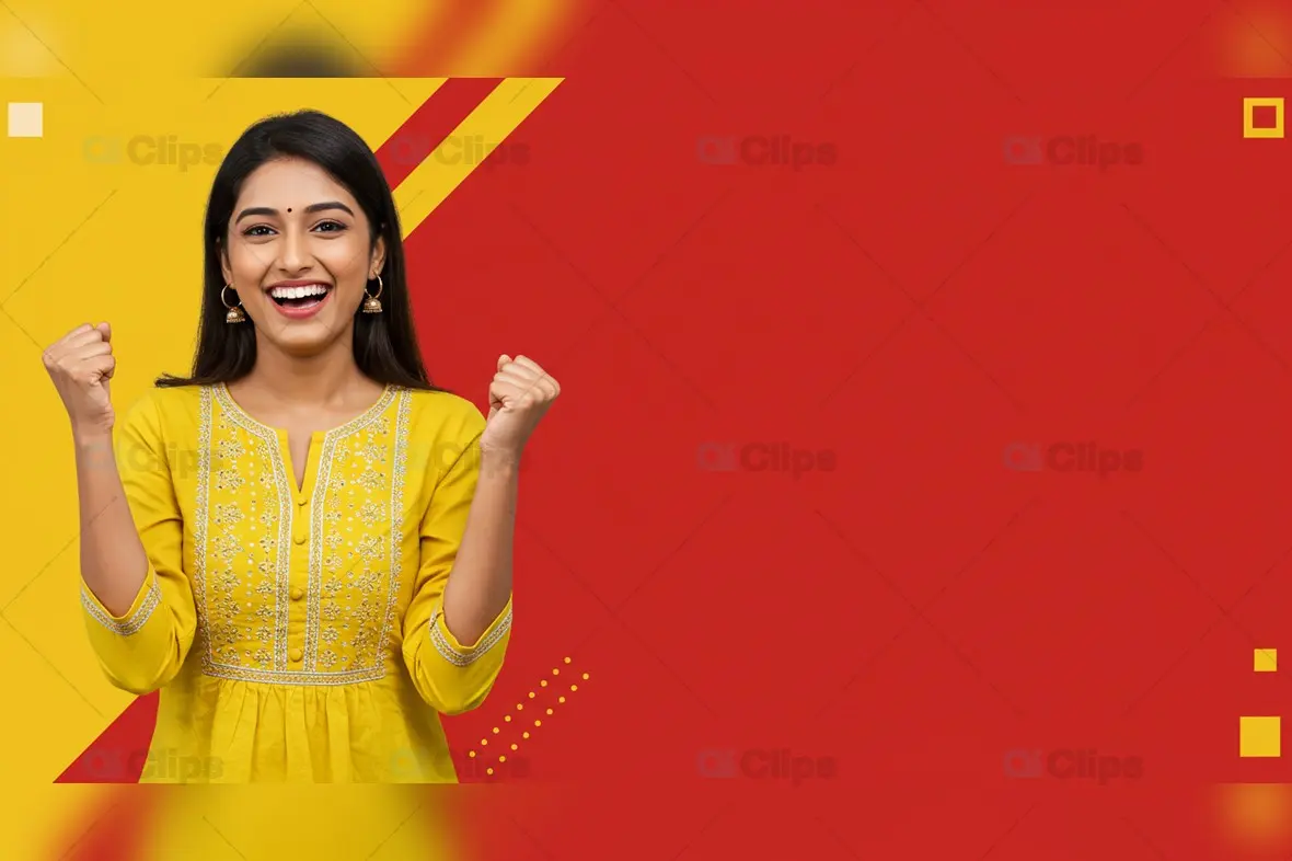 Cheerful Indian Woman in Yellow Kurta with Red Background