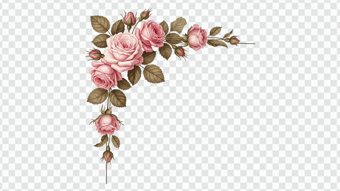 Classic Antique Pink Roses Corner Border Clipart PNG