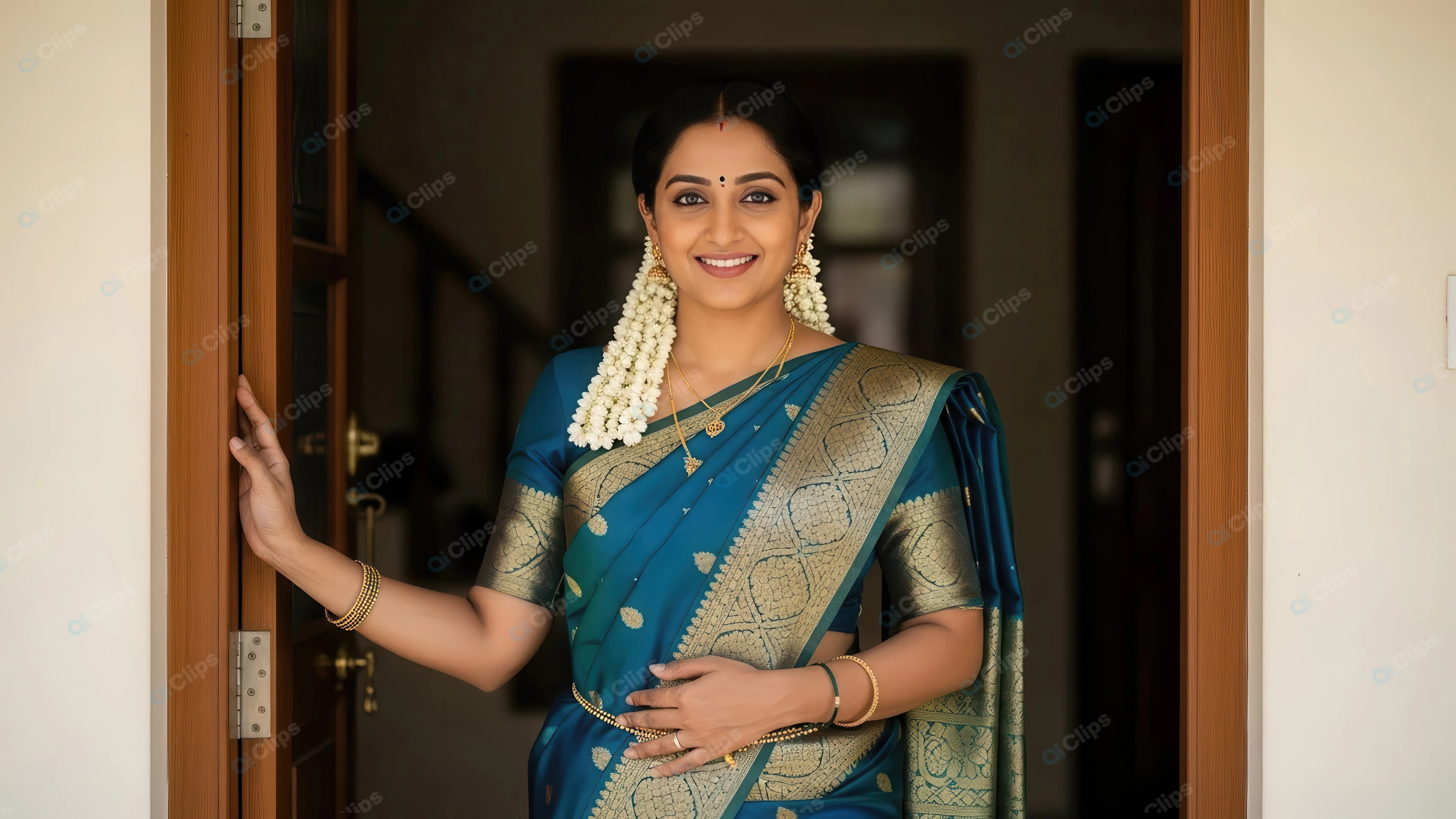 Elegant Woman Greeting at Doorstep