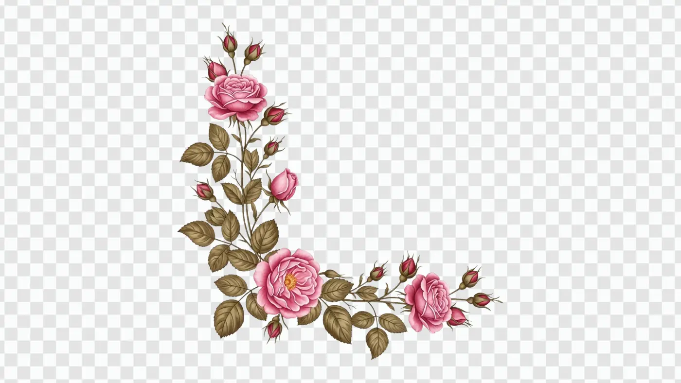 Vintage Pink Roses Floral Corner Frame Element PNG