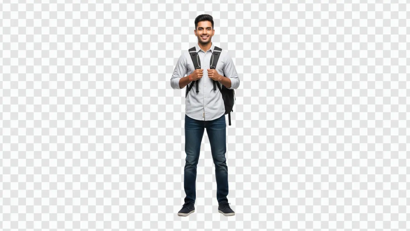 Smiling Indian College Student Standing with Backpack PNG