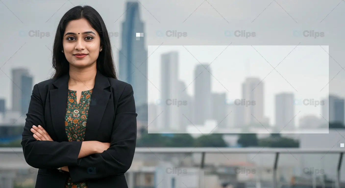 Confident Businesswoman Portrait with Cityscape Background