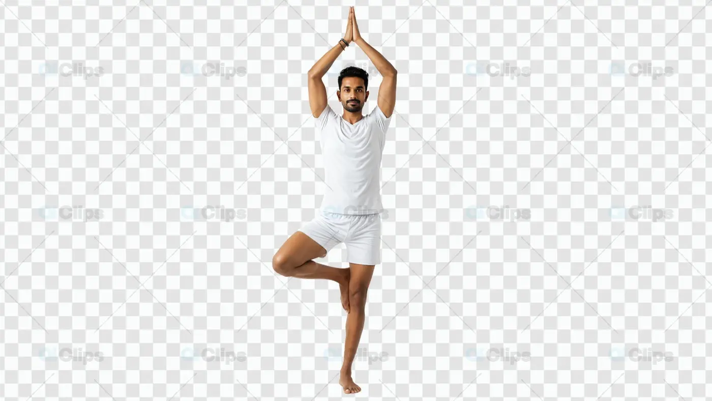 Male Yoga Practitioner in Tree Pose with White Attire on Transparent Background