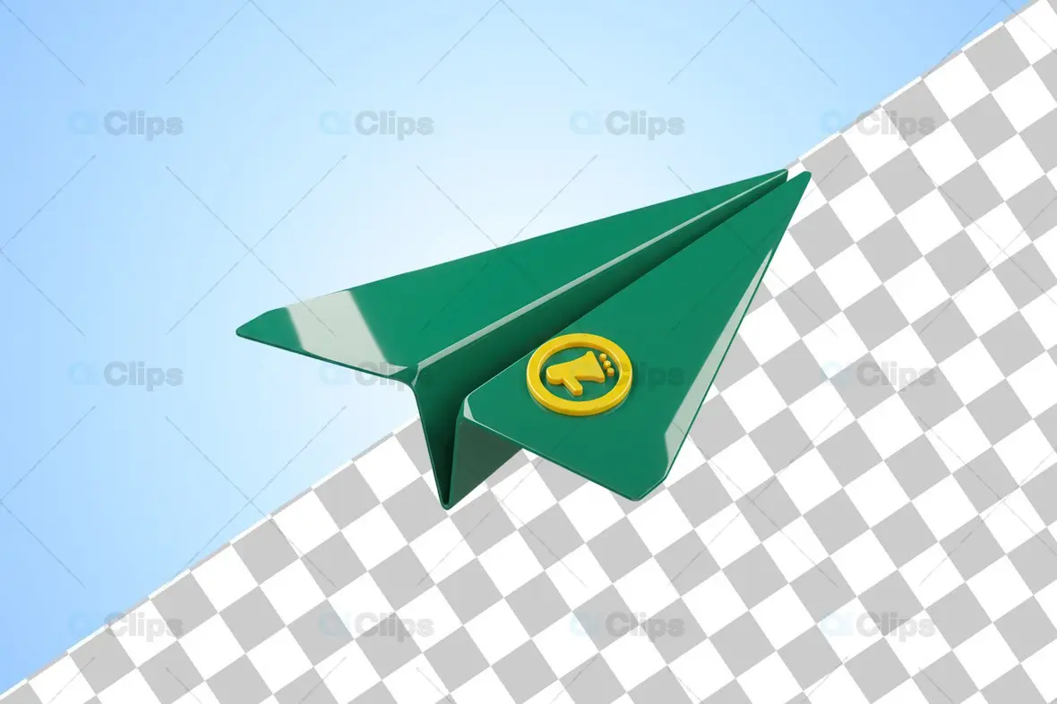3D Green Paper Plane with Yellow Megaphone Icon