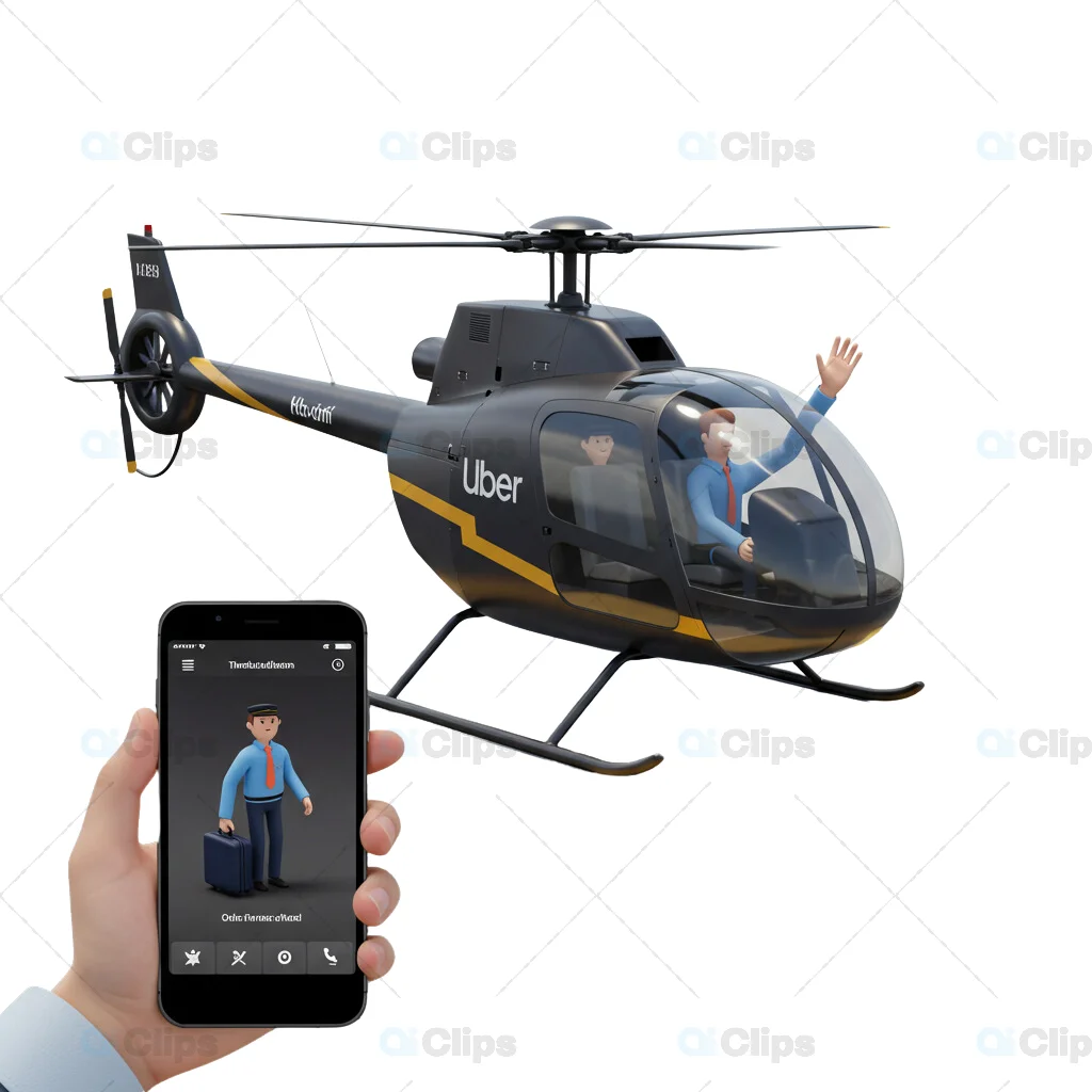 3D Helicopter Ride Booking Illustration with Uber App