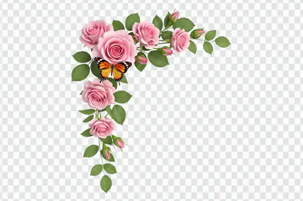 Soft Pink Rose Spray with Orange Butterfly PNG