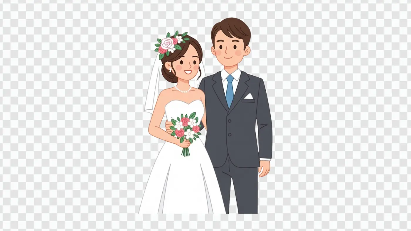 Smiling Bride and Groom Cartoon Wedding Clipart PNG