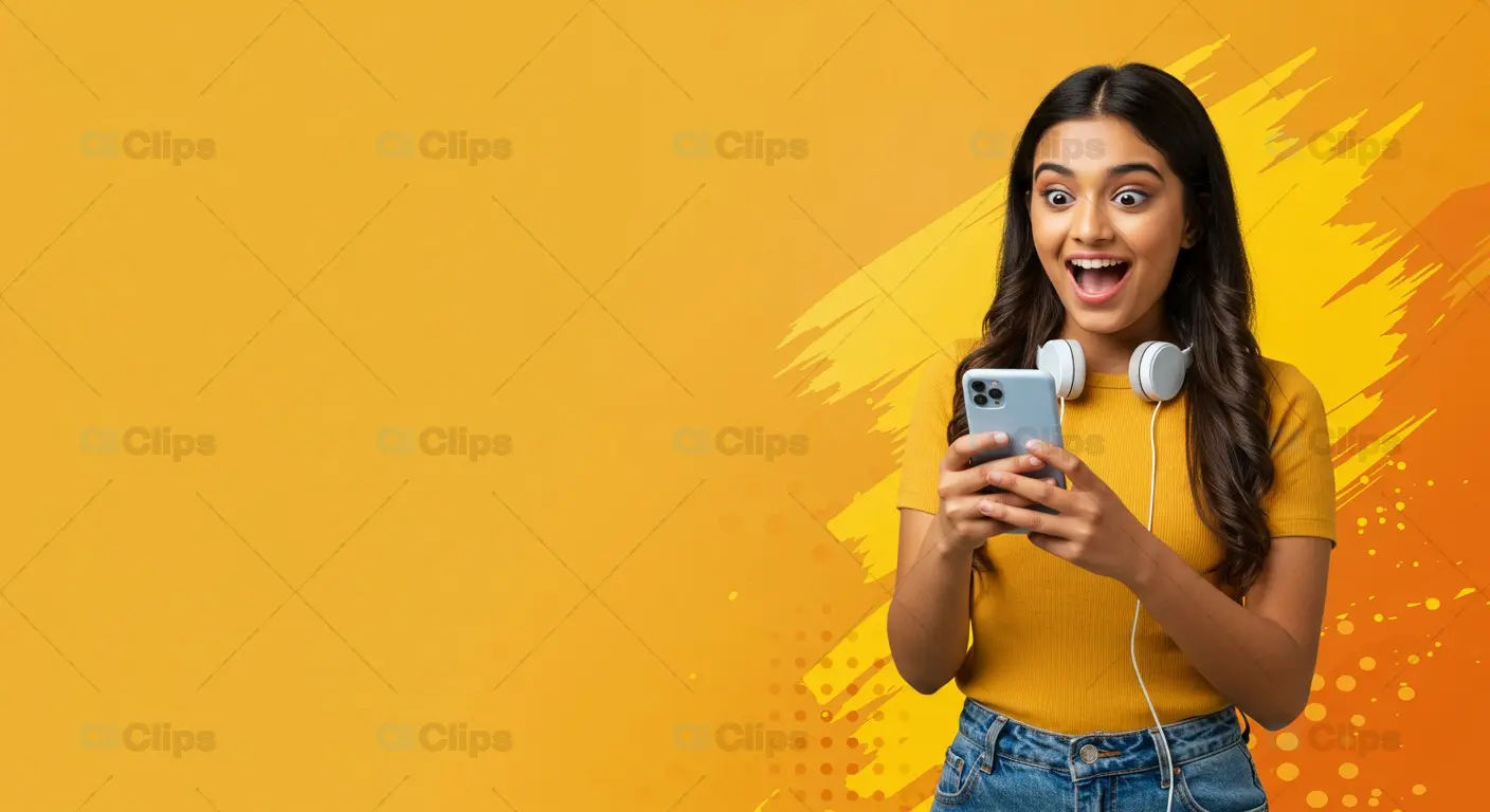 Excited Woman with Smartphone and Headphones Background