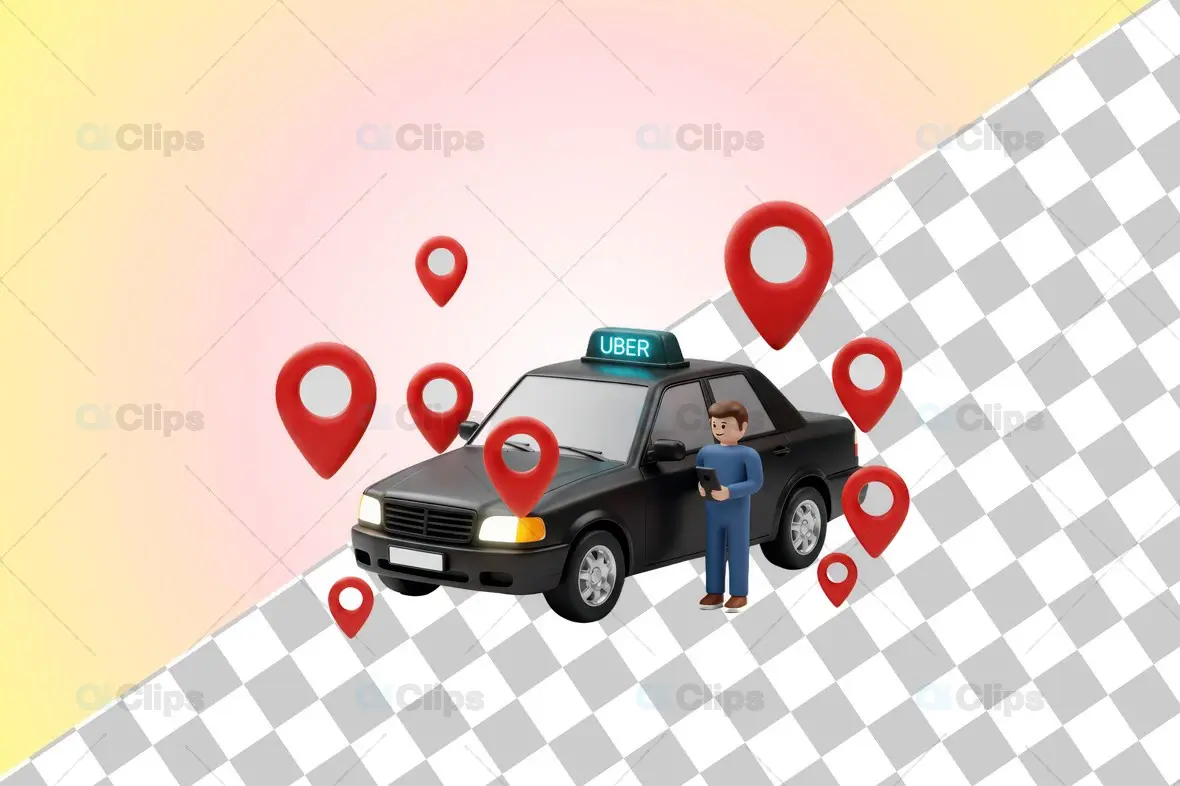 Uber Driver with Black Taxi and Location Markers 3D Illustration