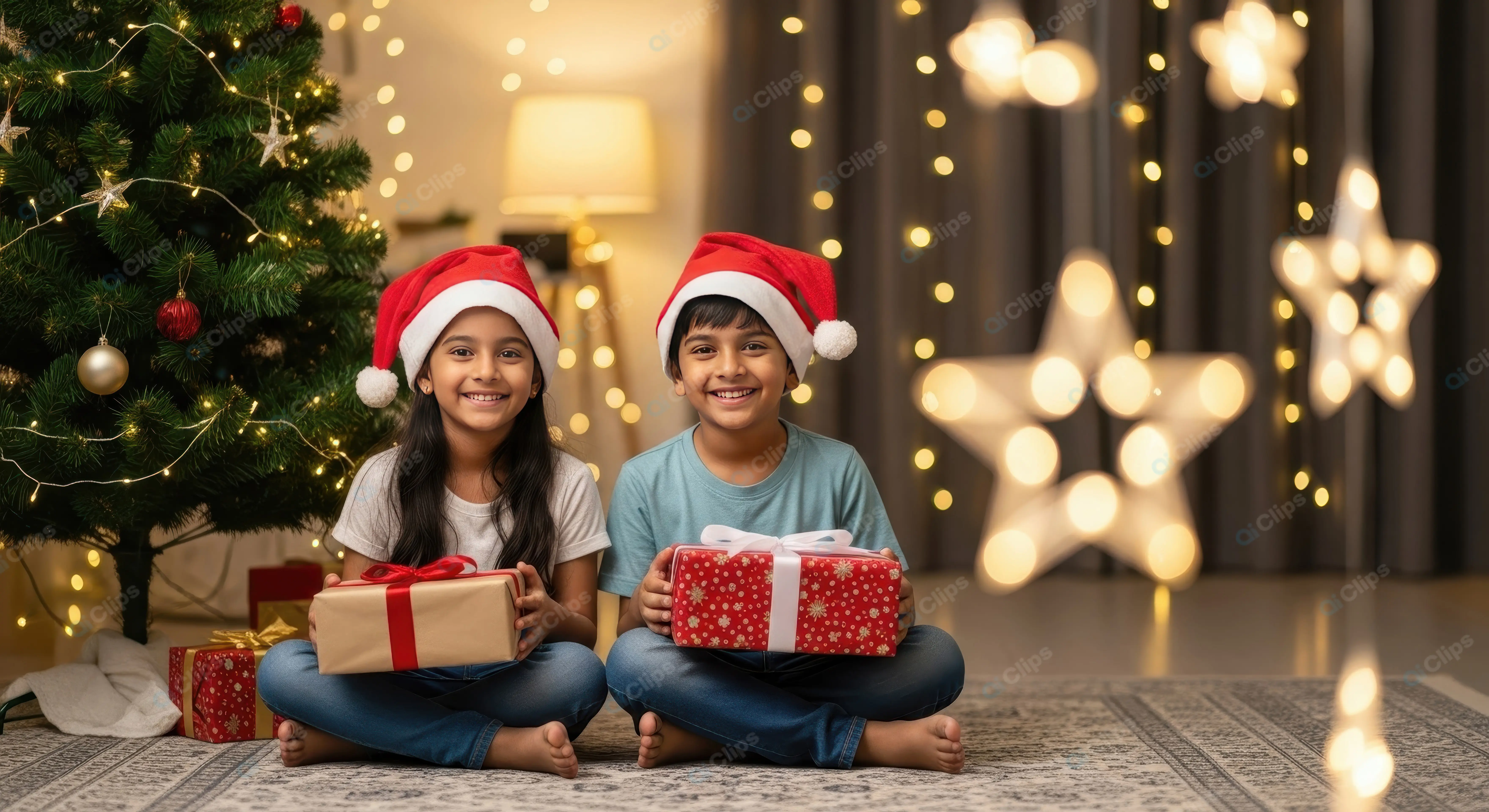 Festive Holiday Portrait of Young Siblings