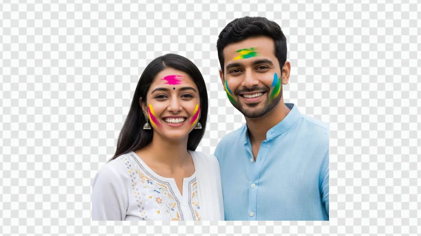 Smiling Indian Couple Celebrating Holi Festival PNG Clipart