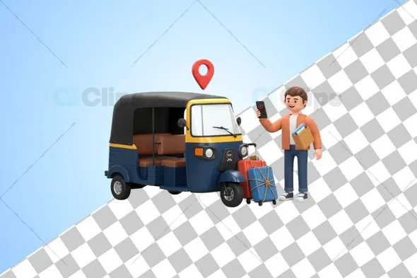 3D Auto Rickshaw with Traveler and Luggage