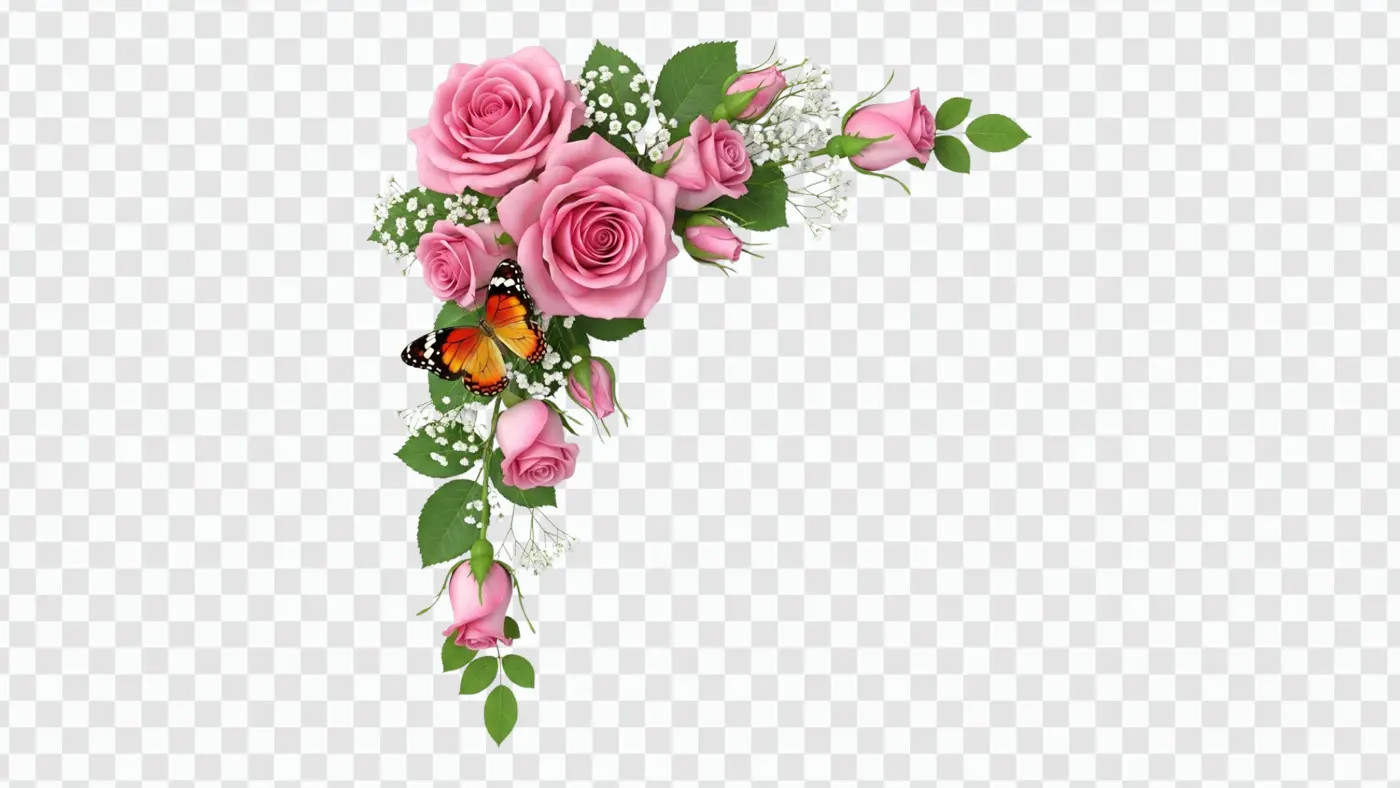 Pink Roses Butterfly and Gypsophila Corner Clipart PNG