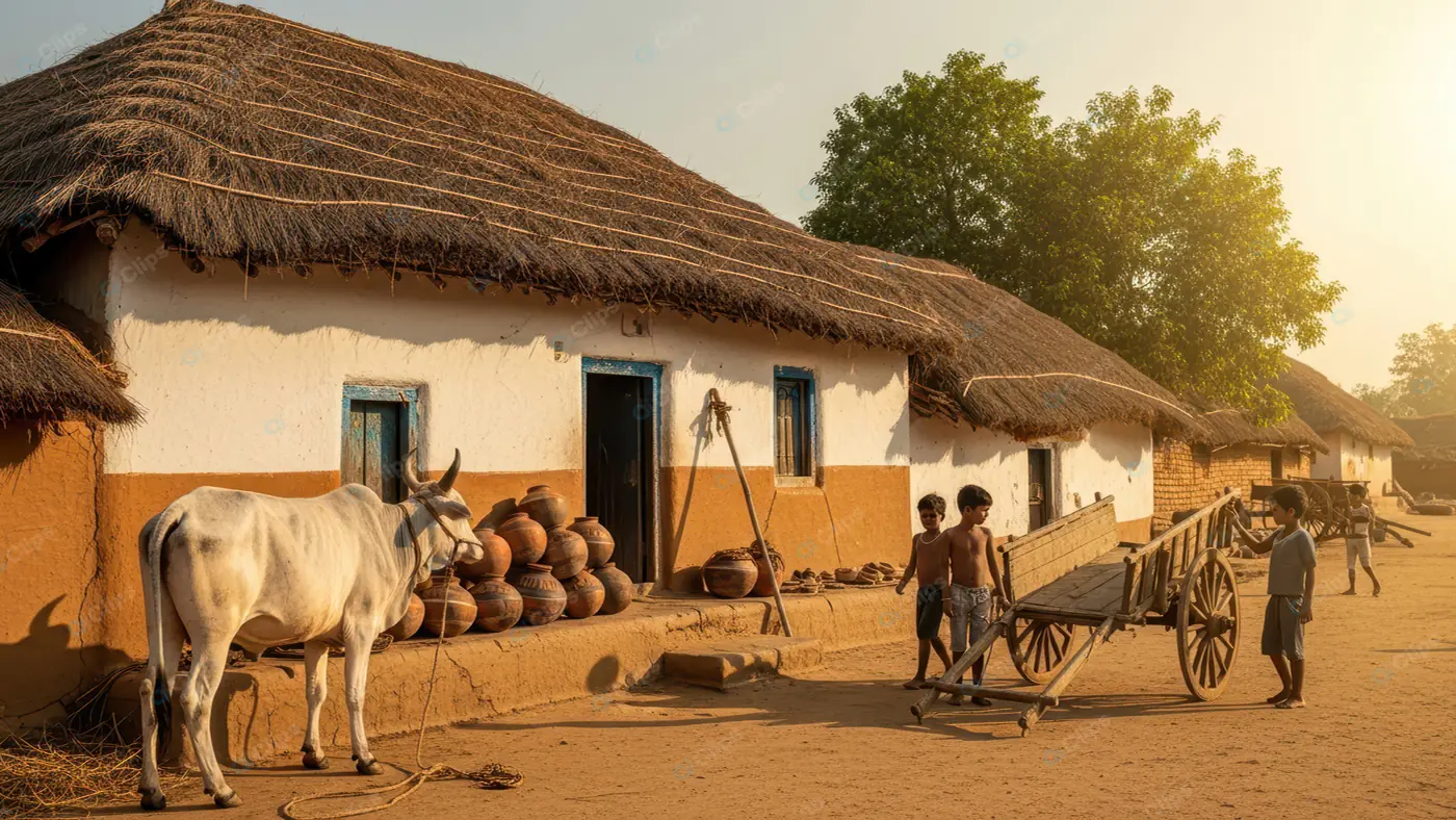 Rural Village Scene with Bullock Cart