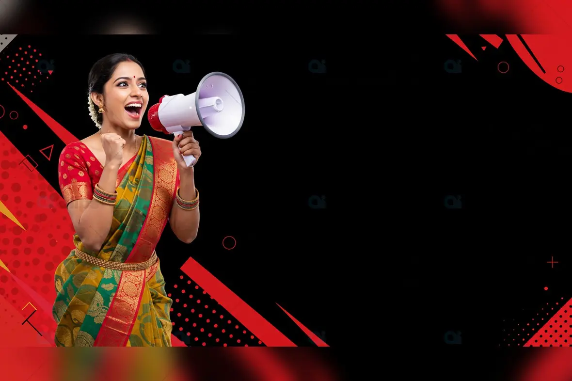 Indian Woman in Traditional Saree Shouting Through Megaphone on Red and Black Background