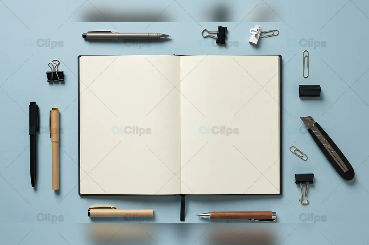Open Notebook with Stationery on Blue Background