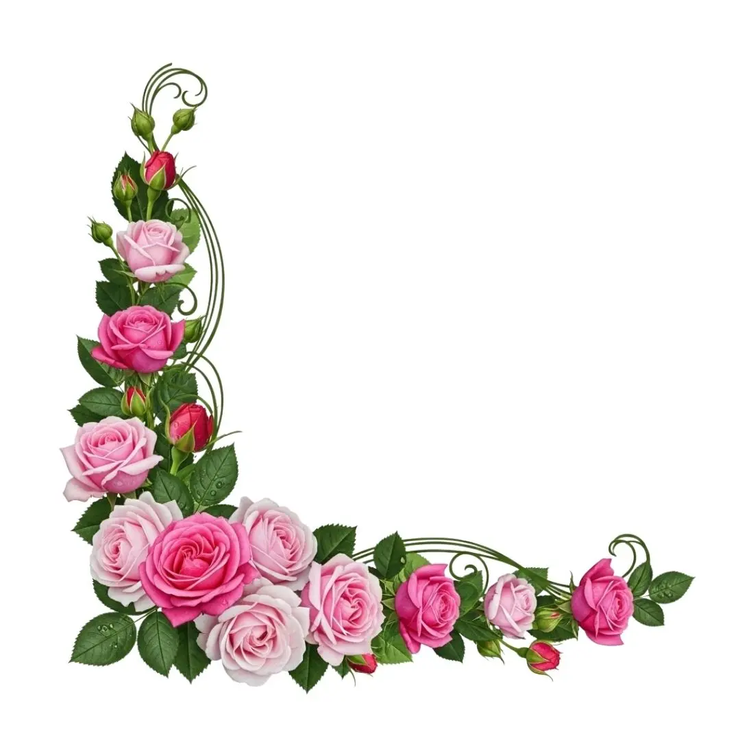 Realistic Pink Rose Corner Border with Swirls PNG