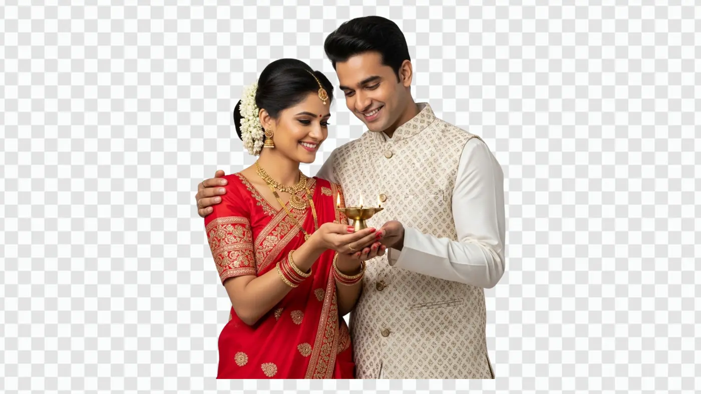 Traditional Indian Couple Holding Lit Diya for Diwali PNG
