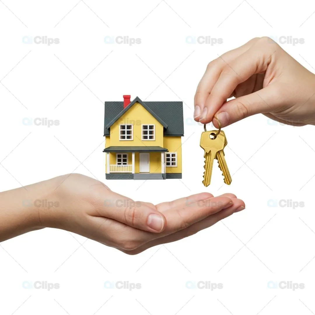 Hands Holding Yellow House Model and Golden Keys