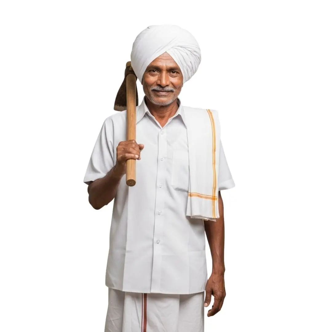 Smiling Indian Farmer Holding Hoe on Shoulder PNG