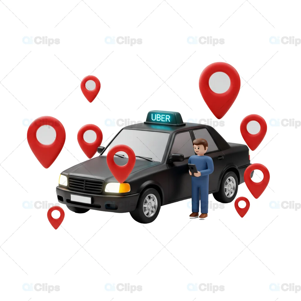 Uber Driver with Black Taxi and Location Markers 3D Illustration