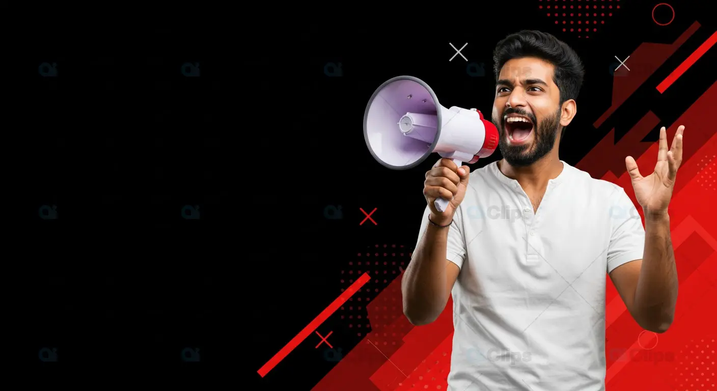 Indian Man with Megaphone on Bold Black and Red Graphic Background