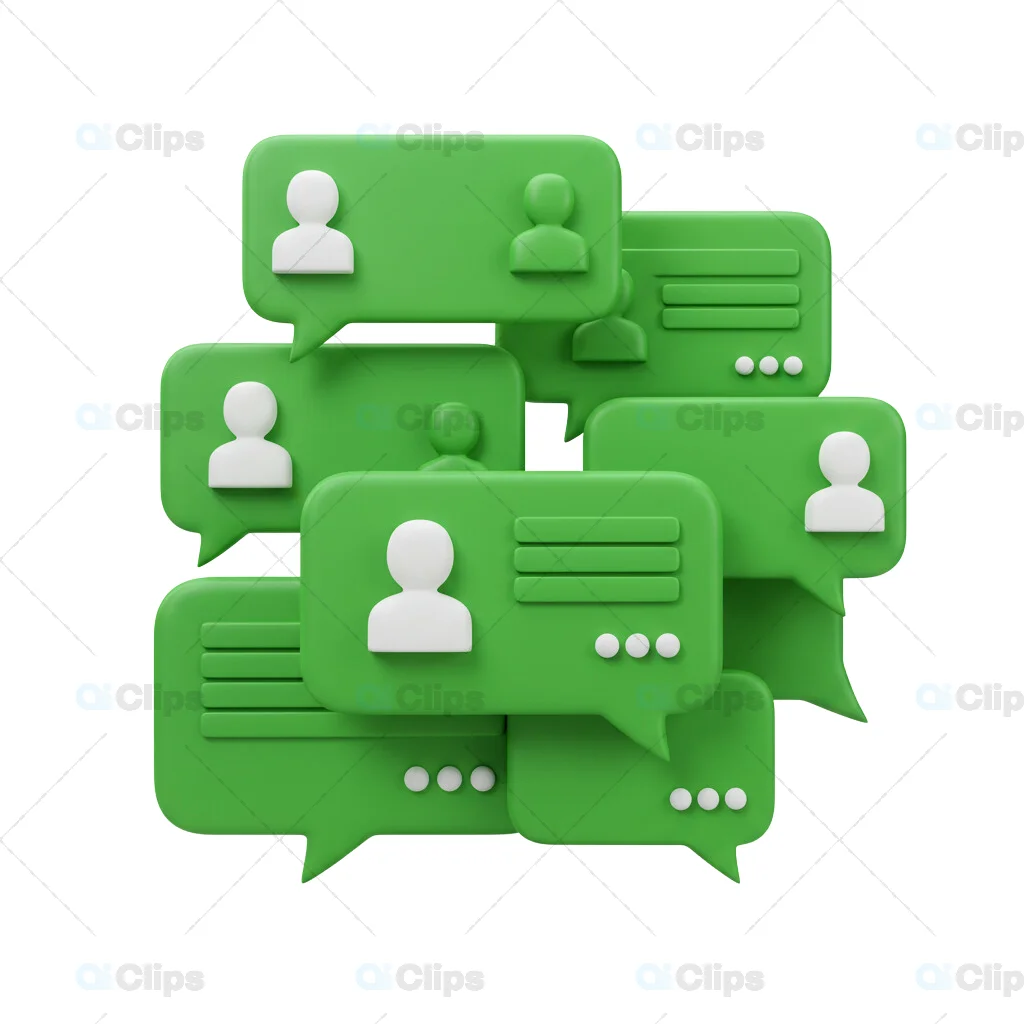3D Green Chat Bubbles with User Icons and Message Interface