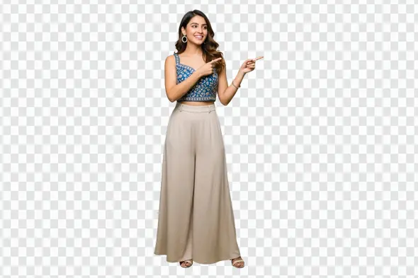 Smiling Indian Woman in Modern Ethnic Wear Pointing PNG