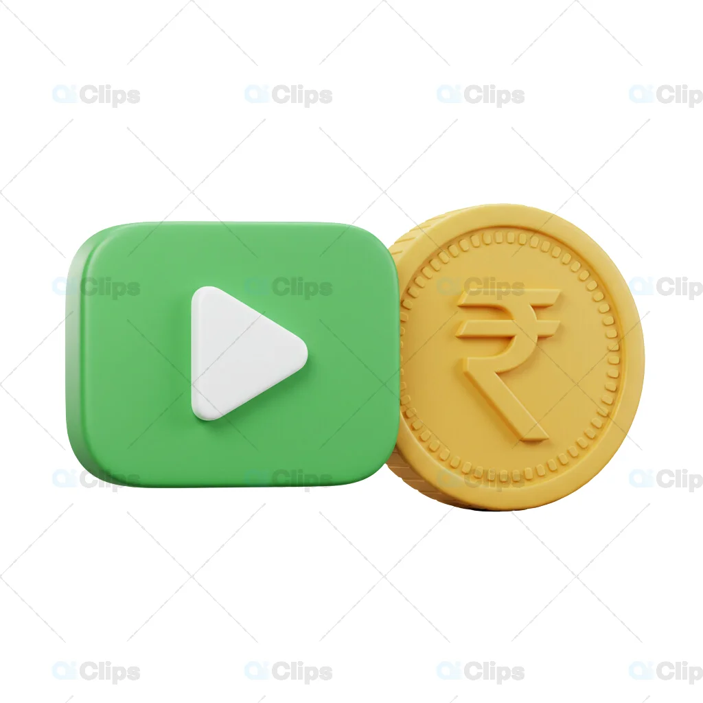 3D Play Button and Indian Rupee Coin Icon
