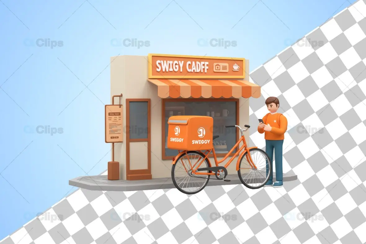 Swiggy-Themed 3D Café and Delivery Bike Illustration