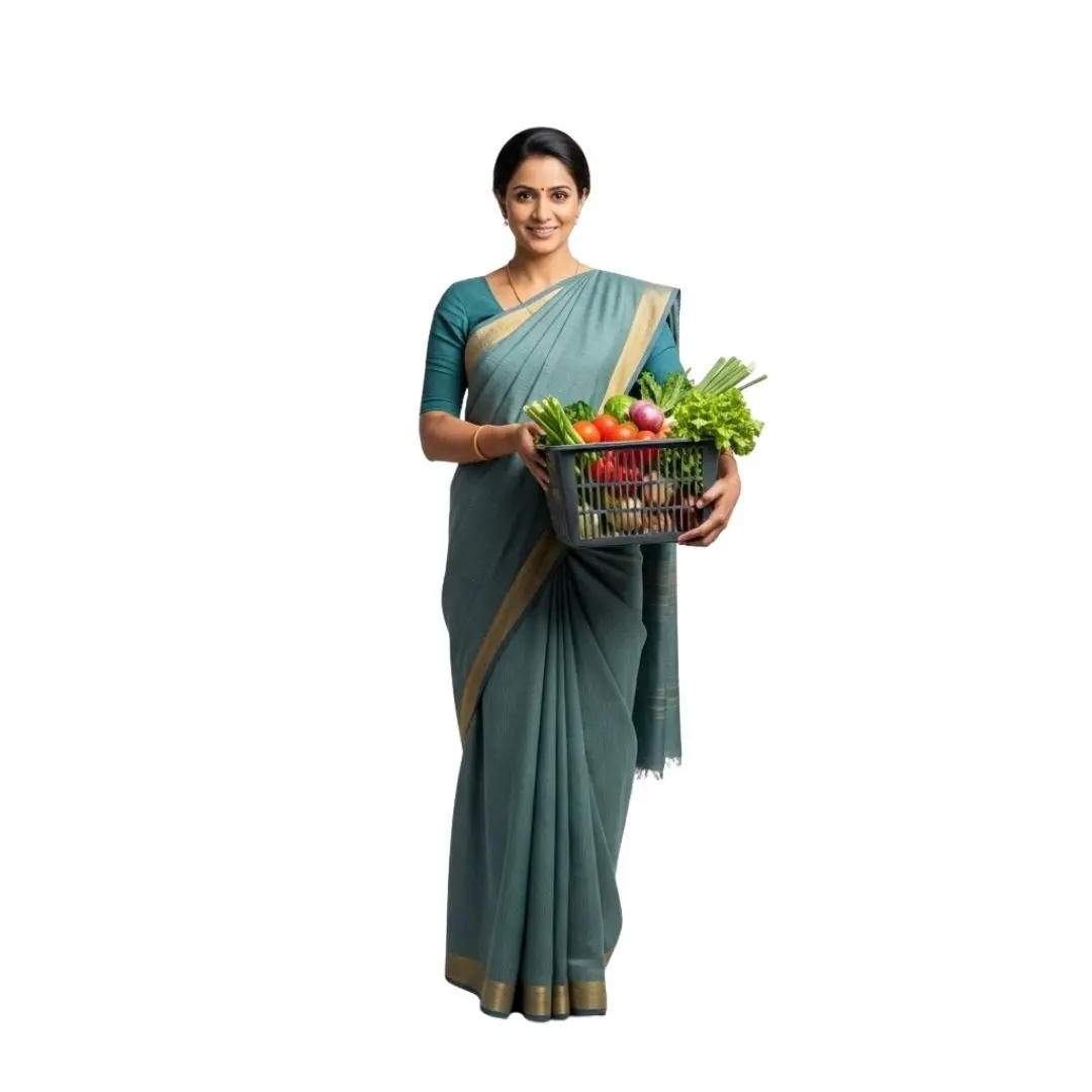 Smiling Indian Woman in Saree with Vegetable Basket PNG