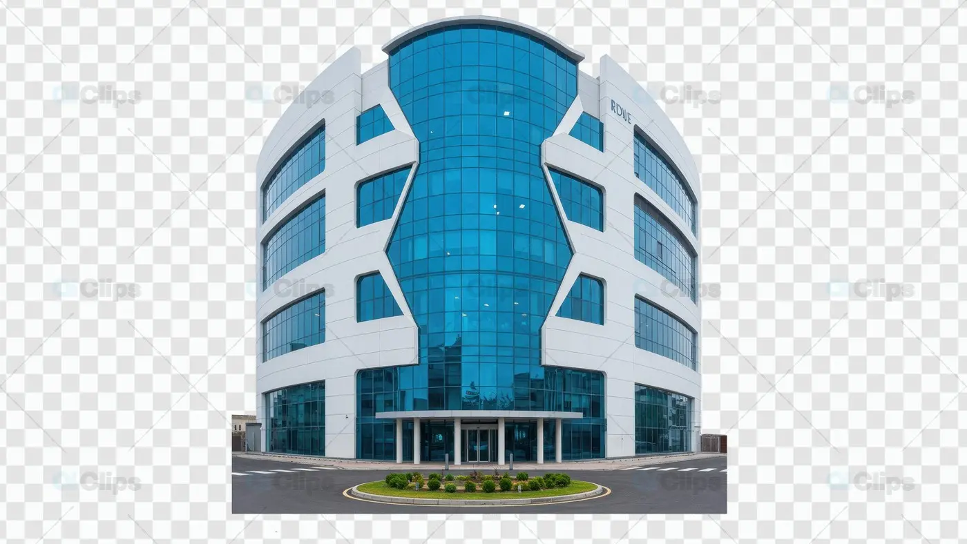 Modern Corporate Building with Curved Glass Facade and Geometric Design