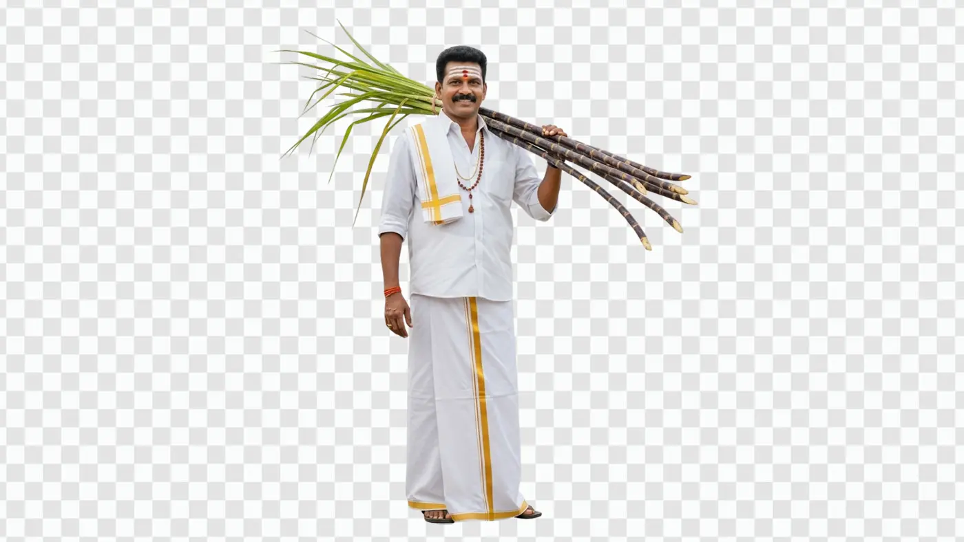 South Indian Farmer Holding Sugarcane for Pongal PNG