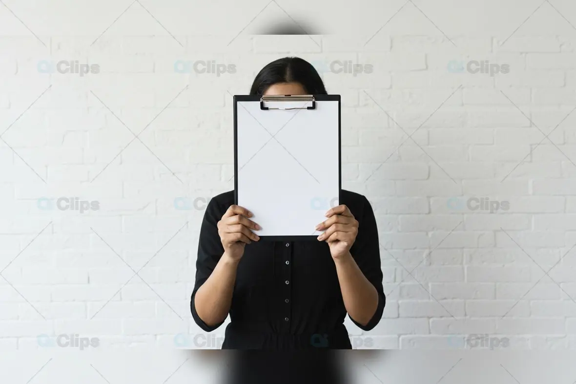 Woman Hiding Face with Blank Clipboard Mockup