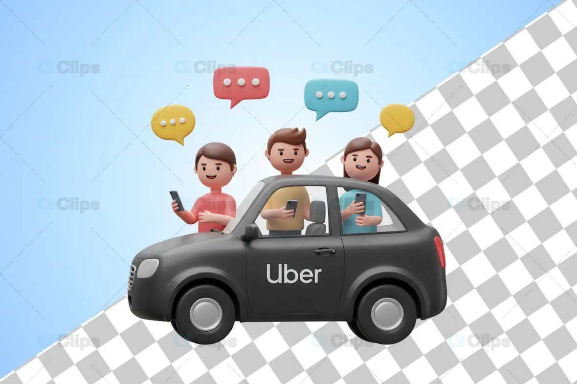 3D Uber Carpool Illustration with Engaged Passengers