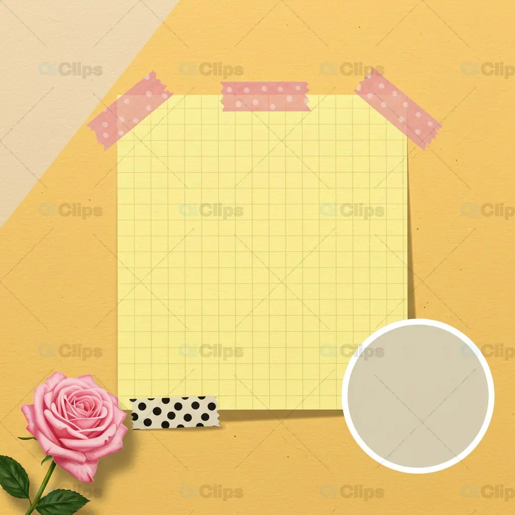 Romantic Grid Note Template with Pink Rose and Washi Tape
