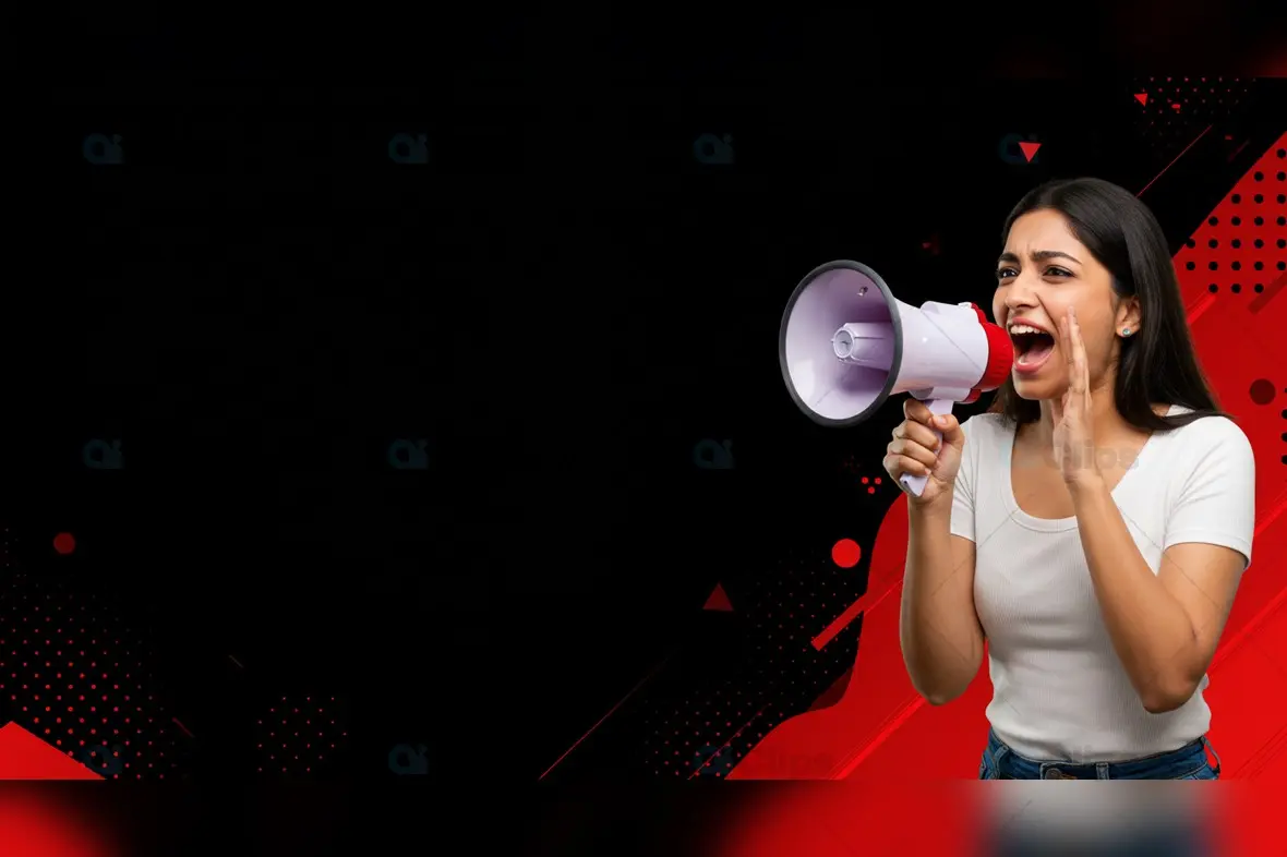 Indian Woman with Megaphone on Black and Red Graphic Background