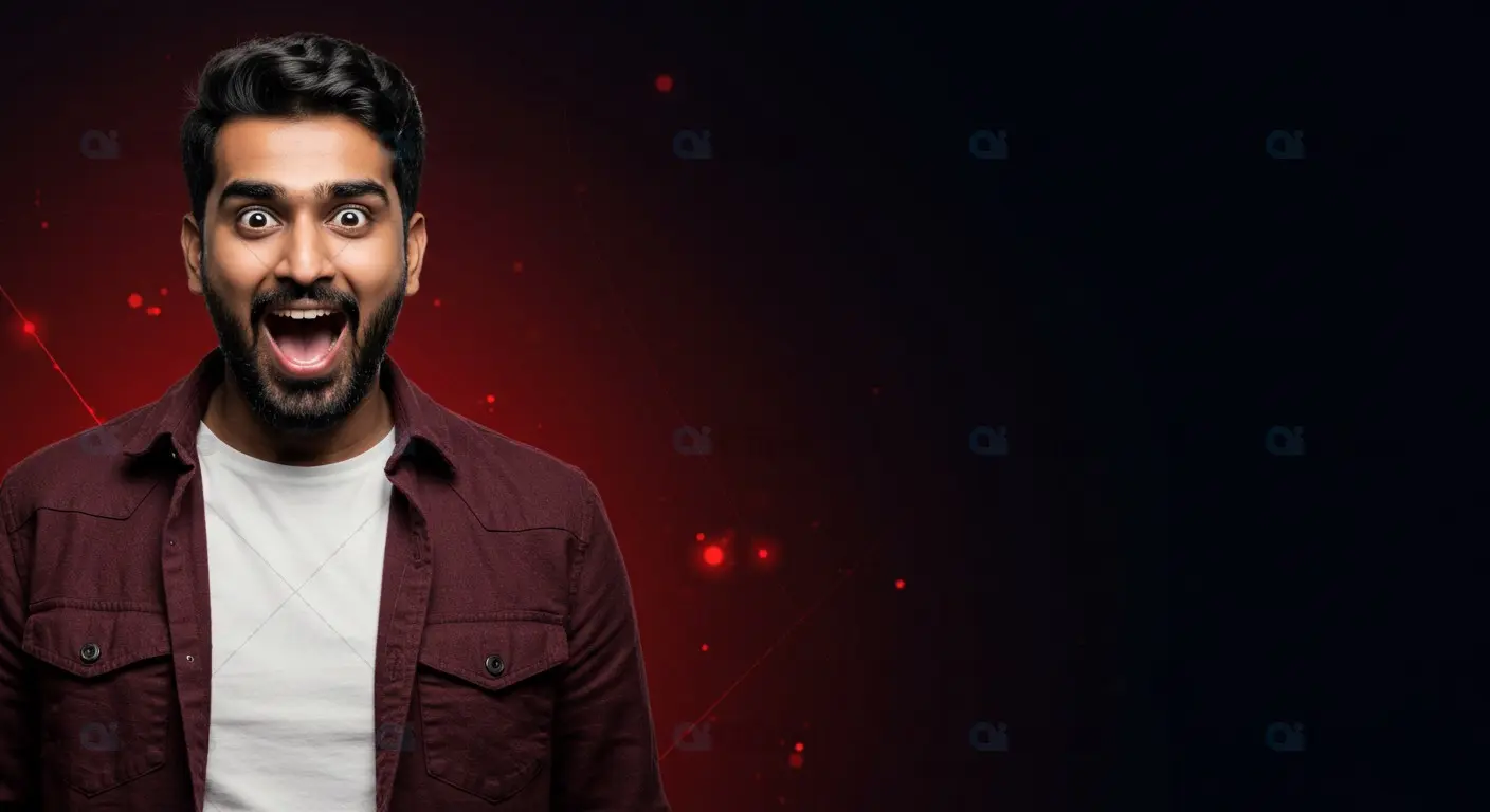 Excited Man on Red and Black Abstract Background