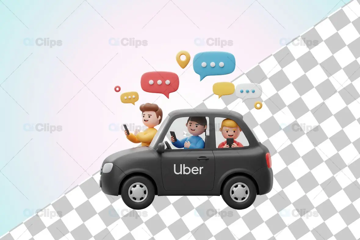 3D Uber Carpool Illustration with Chat Bubbles and GPS Icon