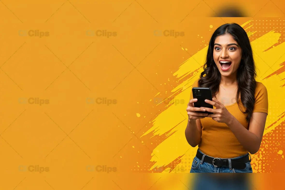 Excited Woman Using Smartphone Background