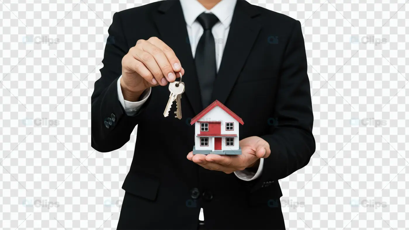 Real Estate Agent Holding Keys and House PNG Mockup