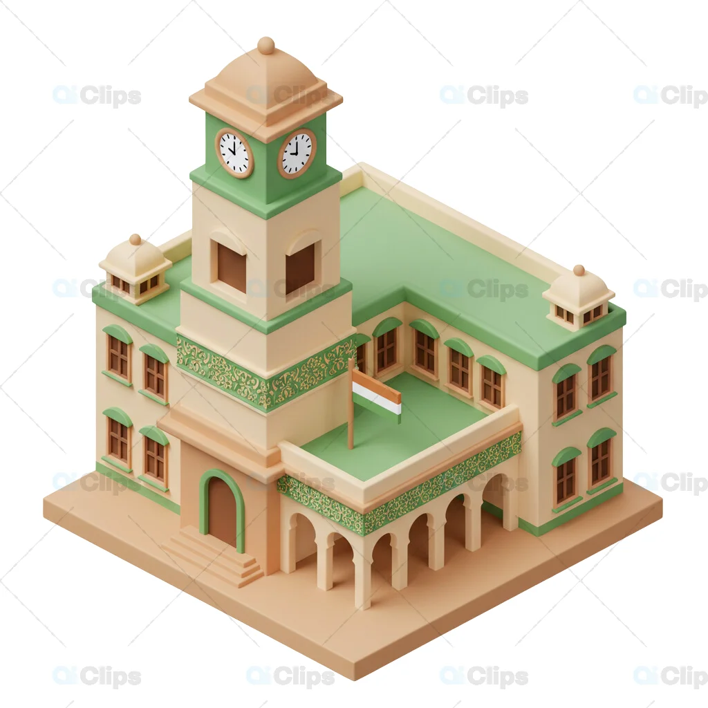 Isometric Colonial Clock Tower Building with Mint Green Accents
