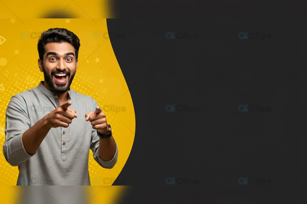 Excited Indian Man in Grey Kurta with Black and Yellow Background