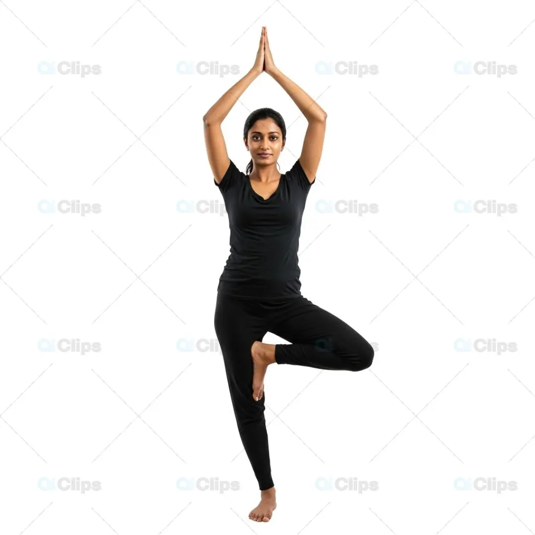 Woman Performing Tree Pose Yoga Position on Transparent Background
