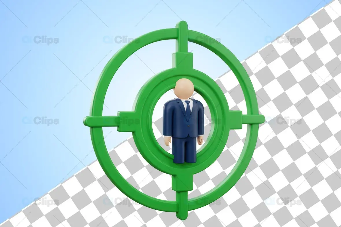 3D Business Figure in Green Target Crosshair Symbol