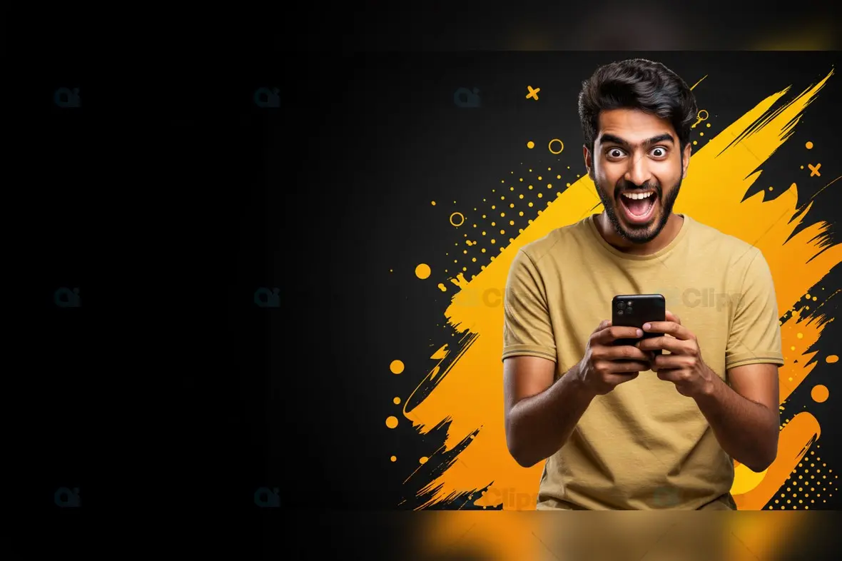 Excited Man Using Smartphone on Black and Yellow Background
