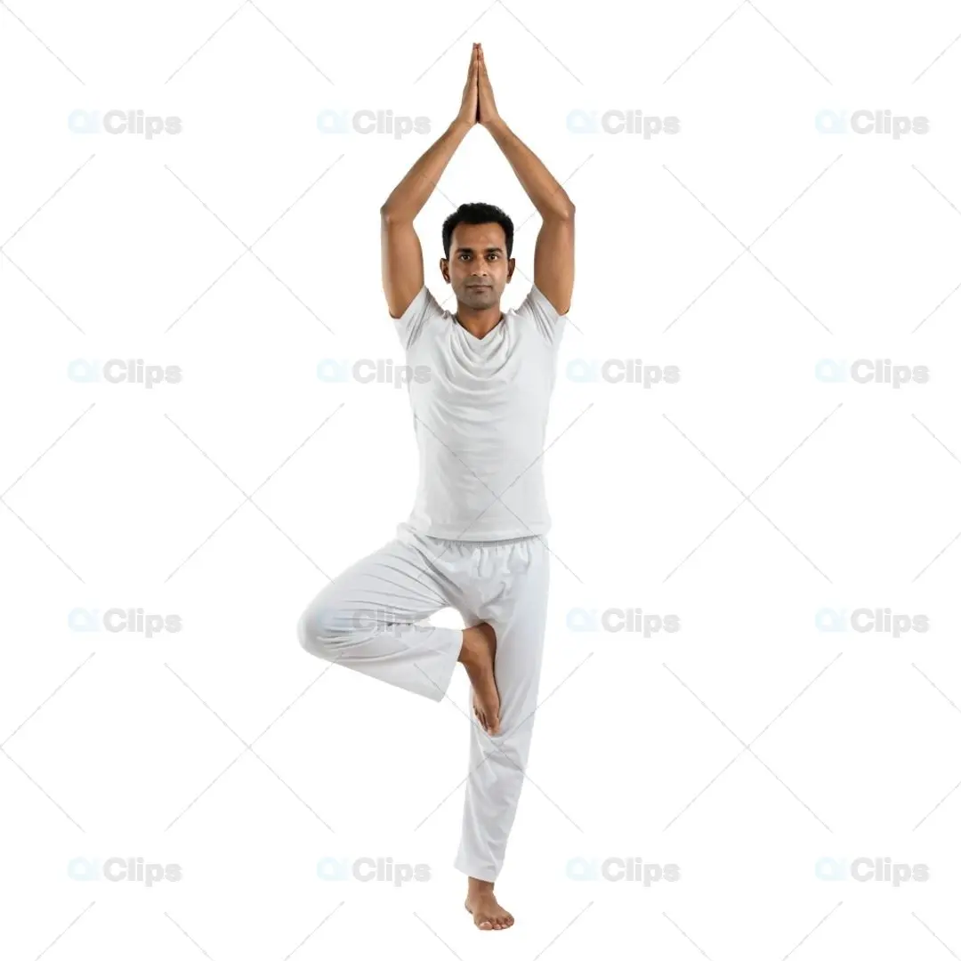 Yoga Tree Pose in White Attire on Transparent Background