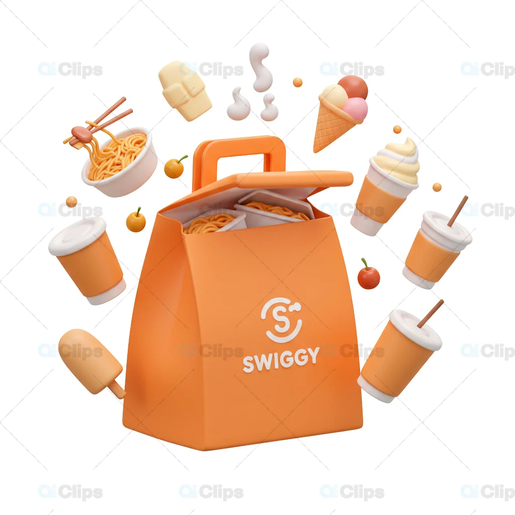 Swiggy Food Bag with Noodles and Desserts - 3D Illustration