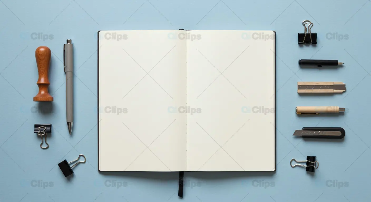 Open Notebook with Office Supplies on Blue Background