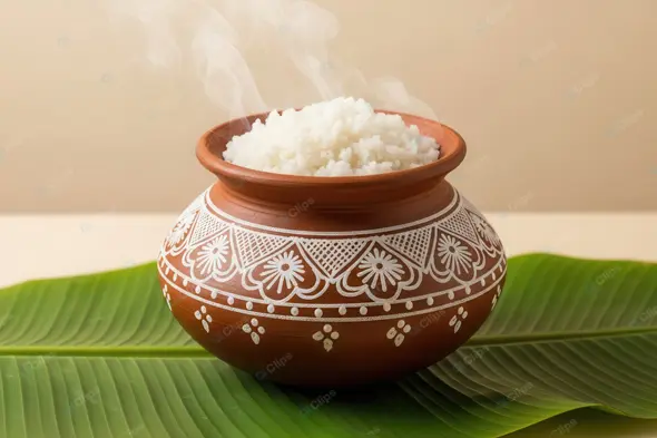 Festive Rice Offering in an Ornate Clay Pot
